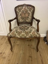 Vintage French Louis style needlepoint tapestry floral carver chair studs wooden