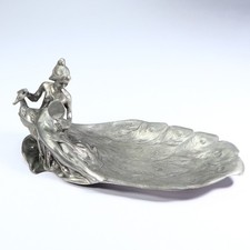 Art Nouveau Pewter 95 Woman With Bird Mirror On Peacock Feather Trinket Dish Vtg
