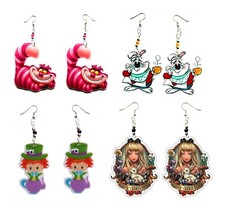 ALICE IN WONDERLAND CHARM EARRINGS ACRYLIC DANGLE WHITE RABBIT MAD HATTER