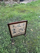 Vintage Wooden Fire Screen with Embroidered Floral Panel