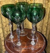 ?VINTAGE 5 BOHEMIAN CZECH  8”  Green Star Facet CUT CLEAR Crystal HOCK Glasses