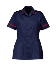 WOMENS NURSES HEALTHCARE TUNIC, DENTAL SALON, NHS. NAVY WITH RED TRIM. INS32NV/R