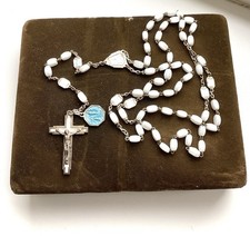 Vintage Milk Glass Rosary Beads With enamel cross and St Christopher Italian 