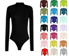 WOMENS TURTLE POLO NECK BODYSUIT LEOTARD LONG SLEEVE TOP 8-26