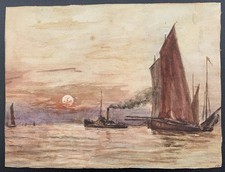 Antique Watercolour Folk Naïve Art Marine Steam Paddle Tug Trawlers At Sea