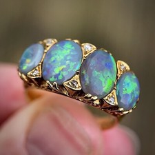 18CT Gold Large Antique Victorian Black Crystal Opal & Old Cut Diamond Ring