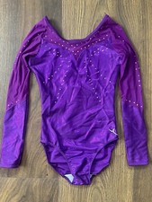GIRLS LEOTARD LONG SLEEVE PURPLE: Gymnastics- 8-10 Years - Diamante Shiny Mesh