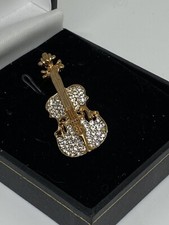 Rose Goldtone Crystal Violin Brooch Pin Costume Jewellery Music Instrument Vint