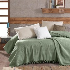King Bed Throw Blanket Waffle Design Cotton Bed/Sofa Throw 220x240cm Sage Green