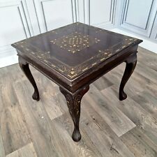 Antique Vintage Brass Inlaid Floral Decorative Queen Anne Wooden Coffee Table