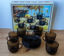 1970's Vintage French 'Vereco' Smoked Glass Coffee Cups & Saucers x 6 - Boxed