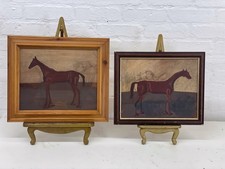 2 x Naive Horse Painting Equine Framed Folk Art On Board Large