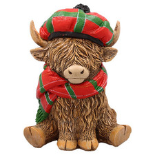 Highland Cow Figurine Christmas Decor Scarf Beret Hat Holiday Seasonal Ornament