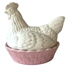 M&S Chicken Hen on Nest Handpainted Shabby Egg Holder Pink White Chic