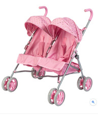 Pink Side by Side Twin Doll Stroller Pram Pushchair Kids Gift For Xmas Birthday