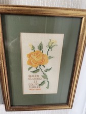 Cross stitch picture vintage framed Queen Elizabeth Golden Jubilee yellow rose