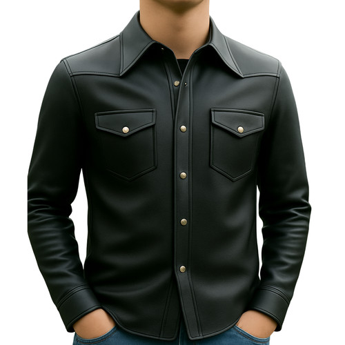 Mens real leather biker shirt - leather,
