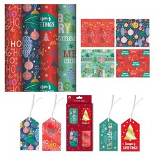 4 x 4M Christmas Wrapping Paper Rolls Contemporary Gift Wrap & 16 Matching Tags