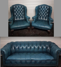 Fab BLUE SET SUITE Leather Chesterfield 3 Seater Sofa 2 Queen Anne Armchairs