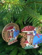 Gisela Graham Alice Wonderland Toadstool Fretwork Christmas Tree Decorations x 2