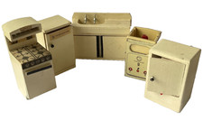 VINTAGE  DOLL'S  HOUSE KITCHEN FURNITURE - I METAL, FOUR WOOD, COOKER 8.7CM TALL