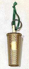 STARBUCKS CHRISTMAS DECORATION / KEYRING GOLD STUDDED CUP WITH LID & STRAW