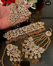 Pakistani Indian Desi Choker Necklace Set Champagne Beads & Stones with Diamante