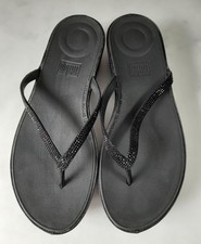 FITFLOP LINNY SIZE 8/42 BLACK LEATHER RHINESTONE FLIP FLOPS WORN ONCE FREE P&P
