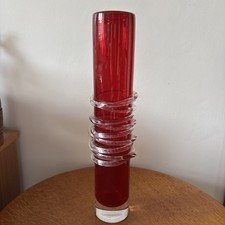 Handmade Large Tall Cylindrical Red Glass Vase With Clear Glass Twining Detail