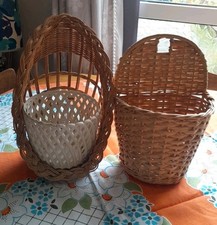 Pair Of Wicker Rattan Hanging Plant Pots Planters Vintage 1970s Style Brown 