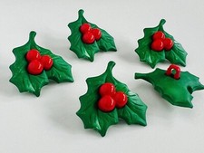 5 pcs Novelty Christmas Holly Leaf Berries Shank Buttons 29mm Green Red Sew On