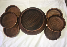 Vintage Retro Lovely Large Wooden Carved Bowl + 6 Matching Small Bowls