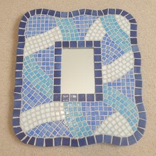 Vintage Hamdmade Blue & White Wavy Mosaic Wall Hanging Mirror - 46cm x 41cm
