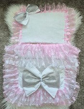 Dolls Pram Set Will Fit Silver Cross Coach Built Style Pink And White Bling Bow