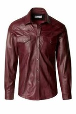 Men's Red Wine Real Sheepskin Leather Soft & Lightweight Biker Casual Shirts