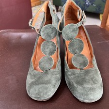 Chie Mihara Bottle Green Suede Block Heel T Bar  Shoes With Bag Size 5 UK