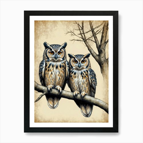 Owls branch art print - owls, on