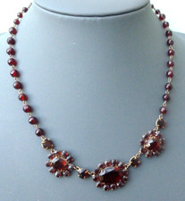 VINTAGE CZECH GLASS FAUX DEEP RED GARNET CLUSTER GILT NECKLACE 44cm