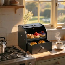 2 Layer Large Bread Bin Food Storage Countertop Roll Top & Bottom Compartent Box