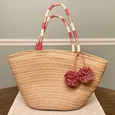 Ann Taylor LOFT Straw Tote Handbag Pom Pom Accent Drawstring Top Beach Bag NWT