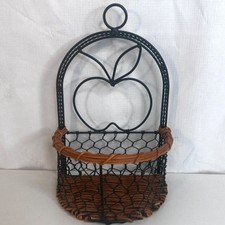Vintage Wire Wicker Wall Basket Green Wire Country Apple Farmhouse Shabby Chic