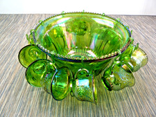 Vintage Green Iridescent Glass Punch Bowl Set Hooks & 12 Cups Grape Leaf Pattern