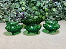 Vintage Set of Green Glass Bowls with Floral Pattern - 5 x Small & 1 x Large
