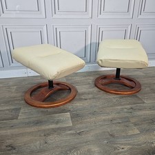 Pair Vintage Cream Footstools – Faux Leather Angle Ottomans Bentwood Bases Retro