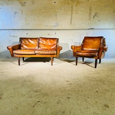 Vintage 60s Danish George Thams Tan Leather 2-Seater Sofa & Chair Suite #A360&1