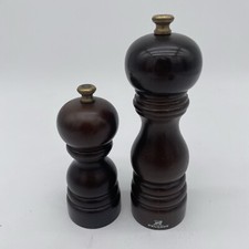 Vintage Peugeot ~5” Salt & ~7”Pepper Mill Dark Brown Chocolate Wood Brass Color