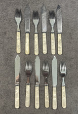 6 x Fish Cutlery Set Cream / Ivory ? Handled Chrome Plated Sheffield Knive Fork
