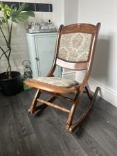 Victorian Antique Childrens Folding Rocking Chair With Beautiful Period Tapestry