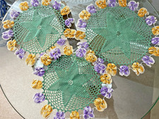 3 VINTAGE GREEN COTTON HAND CROCHET LACE DOILIES/TABLE MATS PANSIES~12" & 9"