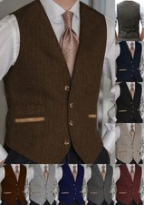 Mens Vintage Tweed Waistcoats Wool Vests Herringbone Retro Wedding Hunting S-3XL